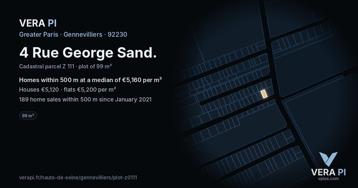 4 Rue George Sand, Gennevilliers at night – the plot lit, the parcels around coloured by the prices near them