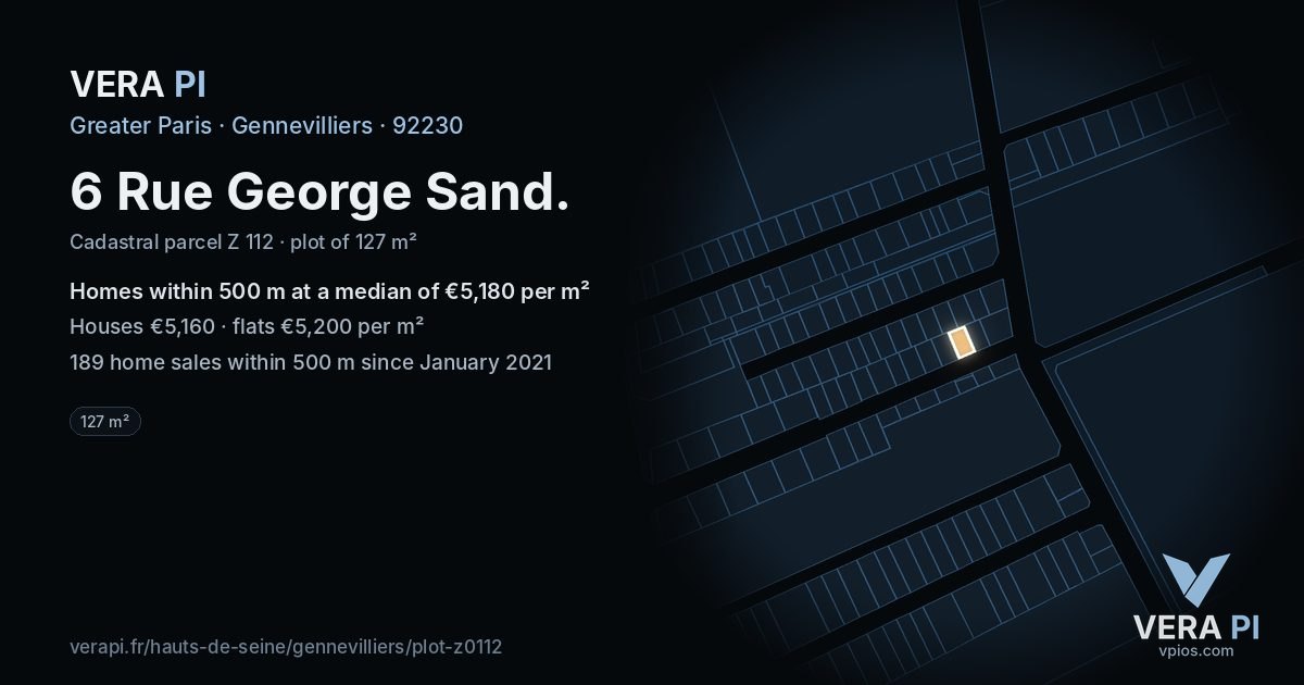6 Rue George Sand, Gennevilliers at night – the plot lit, the parcels around coloured by the prices near them