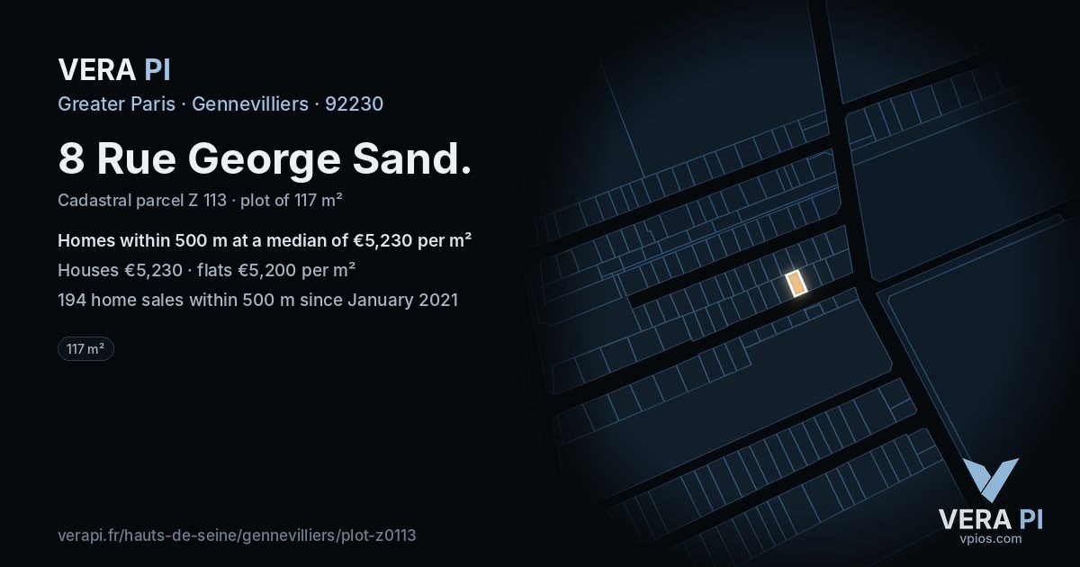 8 Rue George Sand, Gennevilliers at night – the plot lit, the parcels around coloured by the prices near them