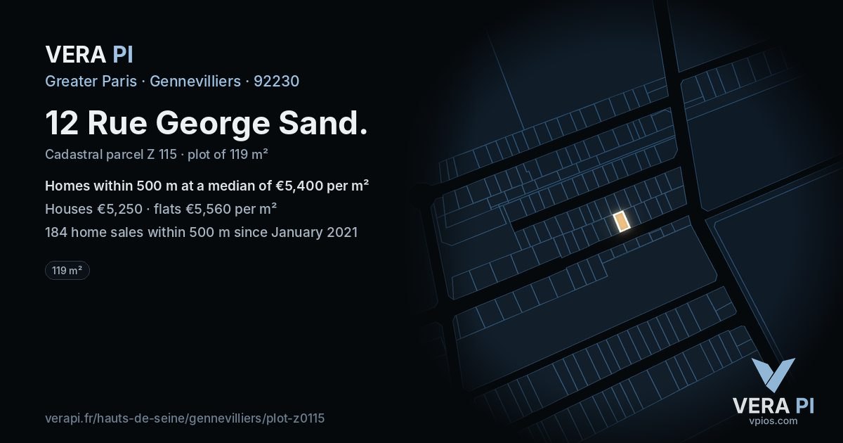 12 Rue George Sand, Gennevilliers at night – the plot lit, the parcels around coloured by the prices near them