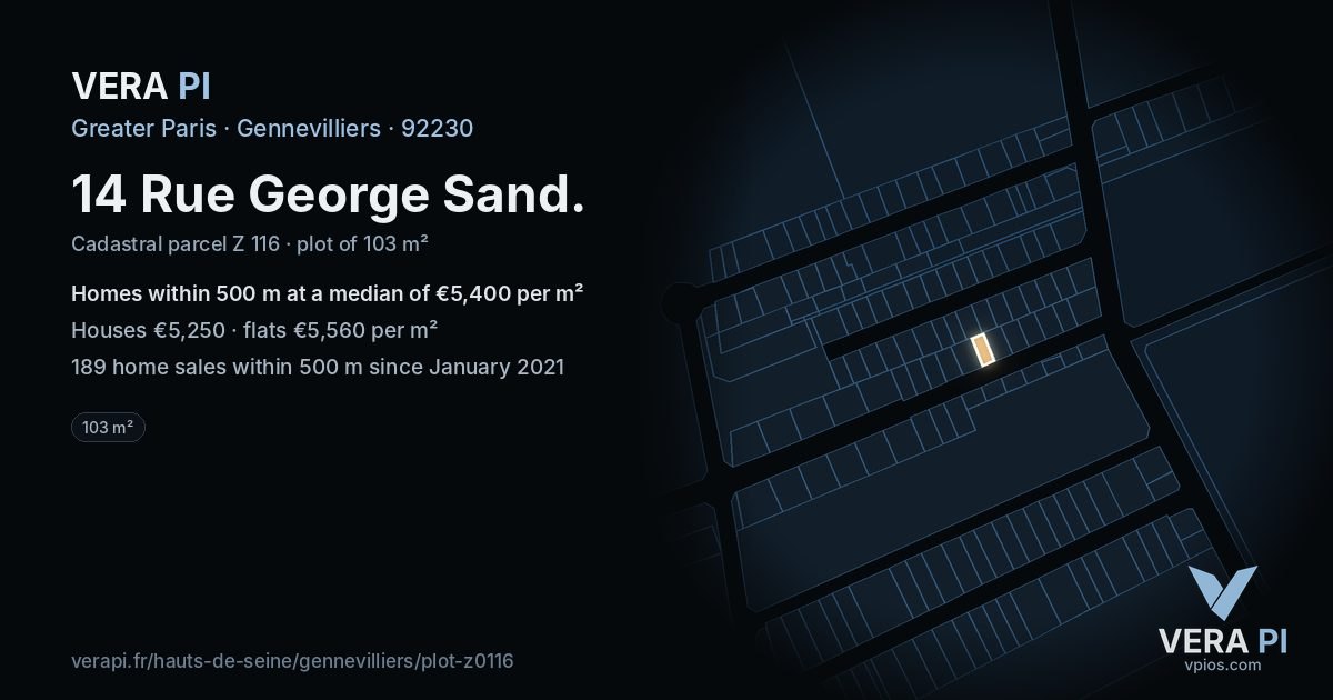 14 Rue George Sand, Gennevilliers at night – the plot lit, the parcels around coloured by the prices near them
