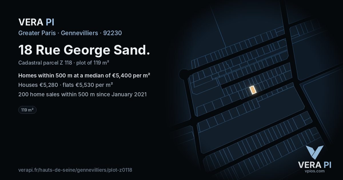 18 Rue George Sand, Gennevilliers at night – the plot lit, the parcels around coloured by the prices near them