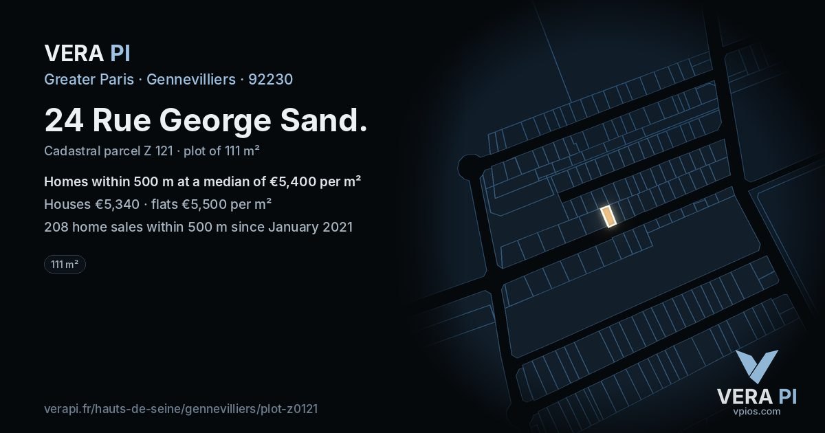 24 Rue George Sand, Gennevilliers at night – the plot lit, the parcels around coloured by the prices near them