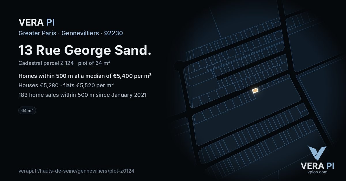 13 Rue George Sand, Gennevilliers at night – the plot lit, the parcels around coloured by the prices near them