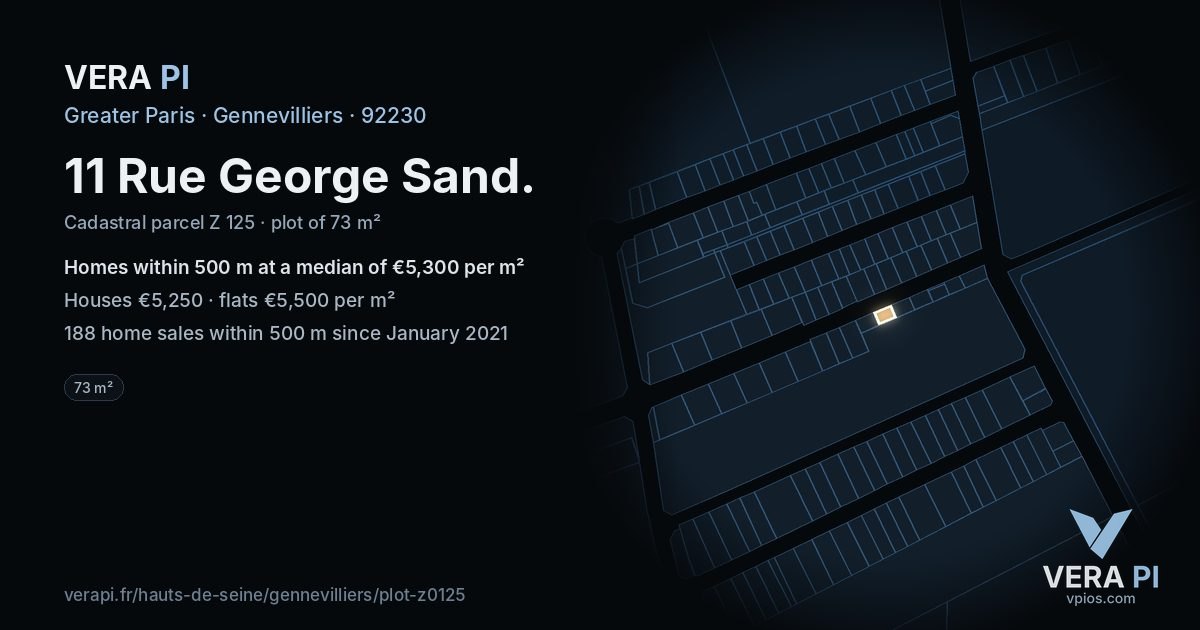 11 Rue George Sand, Gennevilliers at night – the plot lit, the parcels around coloured by the prices near them