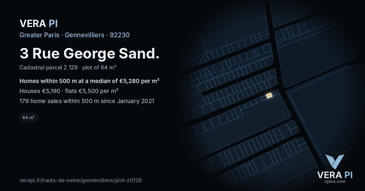 3 Rue George Sand, Gennevilliers at night – the plot lit, the parcels around coloured by the prices near them
