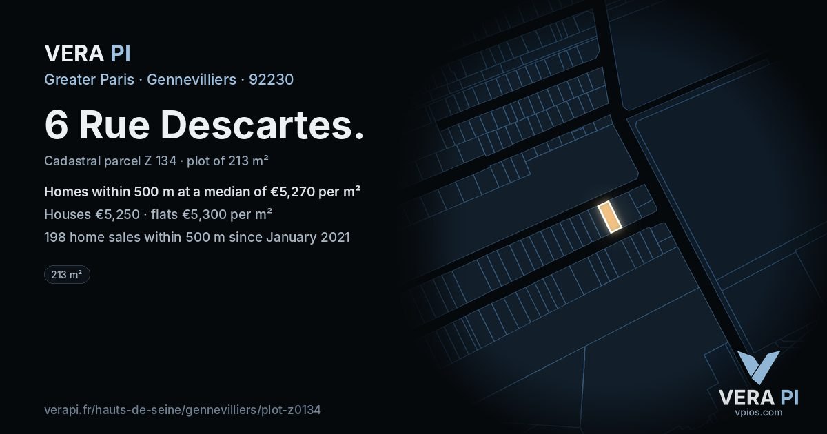 6 Rue Descartes, Gennevilliers at night – the plot lit, the parcels around coloured by the prices near them