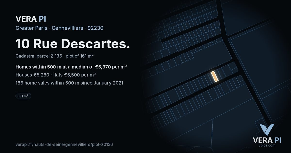 10 Rue Descartes, Gennevilliers at night – the plot lit, the parcels around coloured by the prices near them