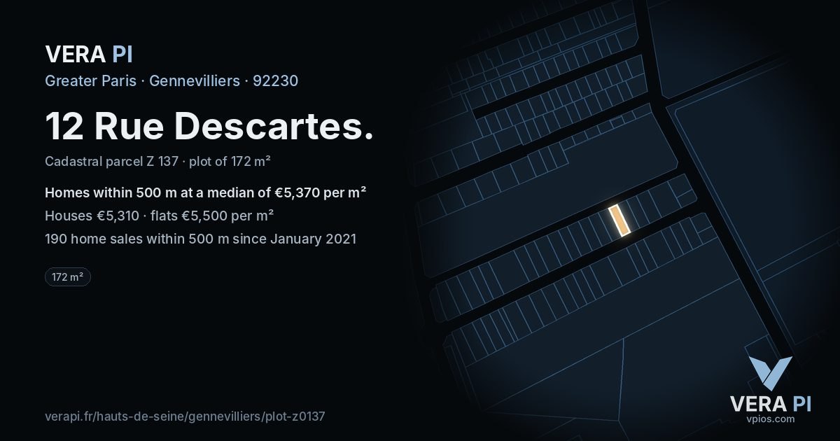 12 Rue Descartes, Gennevilliers at night – the plot lit, the parcels around coloured by the prices near them