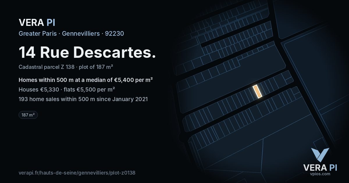 14 Rue Descartes, Gennevilliers at night – the plot lit, the parcels around coloured by the prices near them