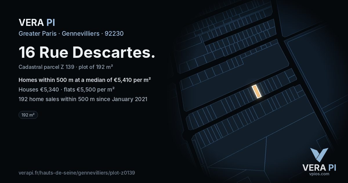 16 Rue Descartes, Gennevilliers at night – the plot lit, the parcels around coloured by the prices near them