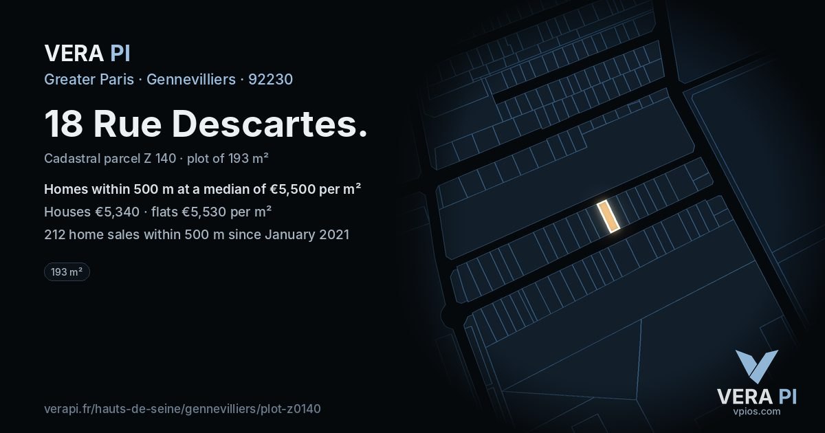 18 Rue Descartes, Gennevilliers at night – the plot lit, the parcels around coloured by the prices near them