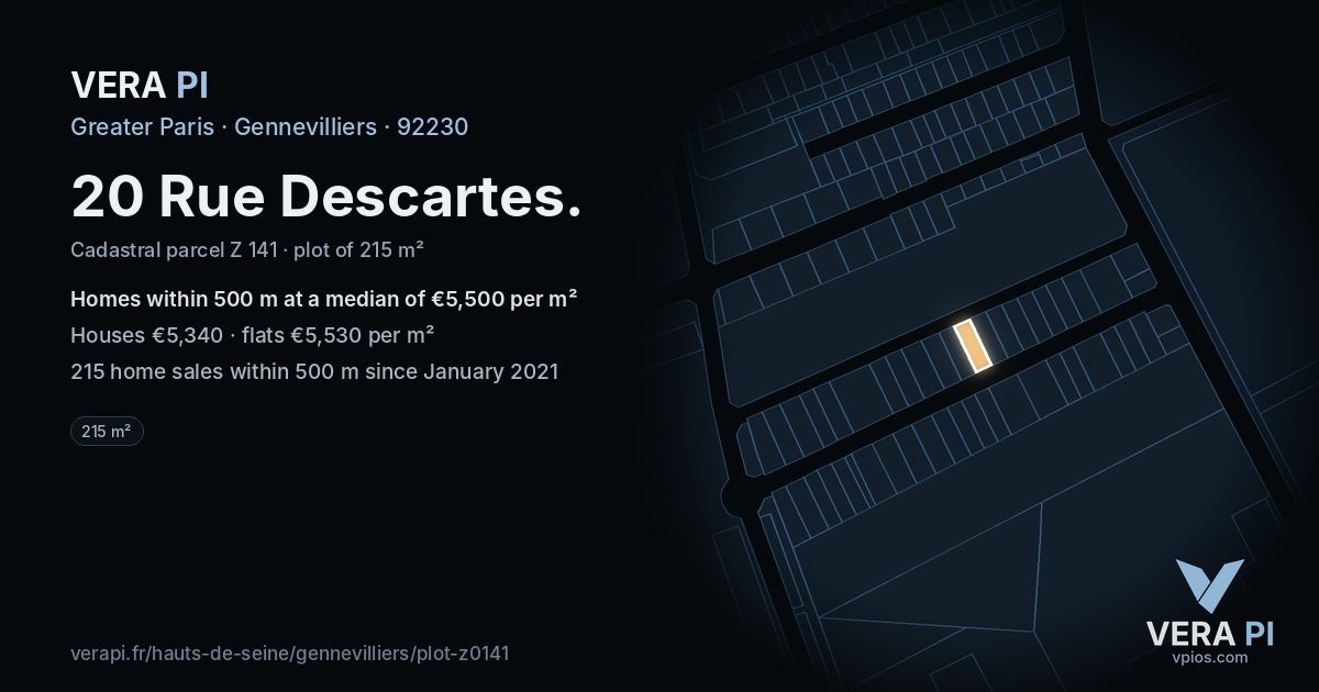 20 Rue Descartes, Gennevilliers at night – the plot lit, the parcels around coloured by the prices near them