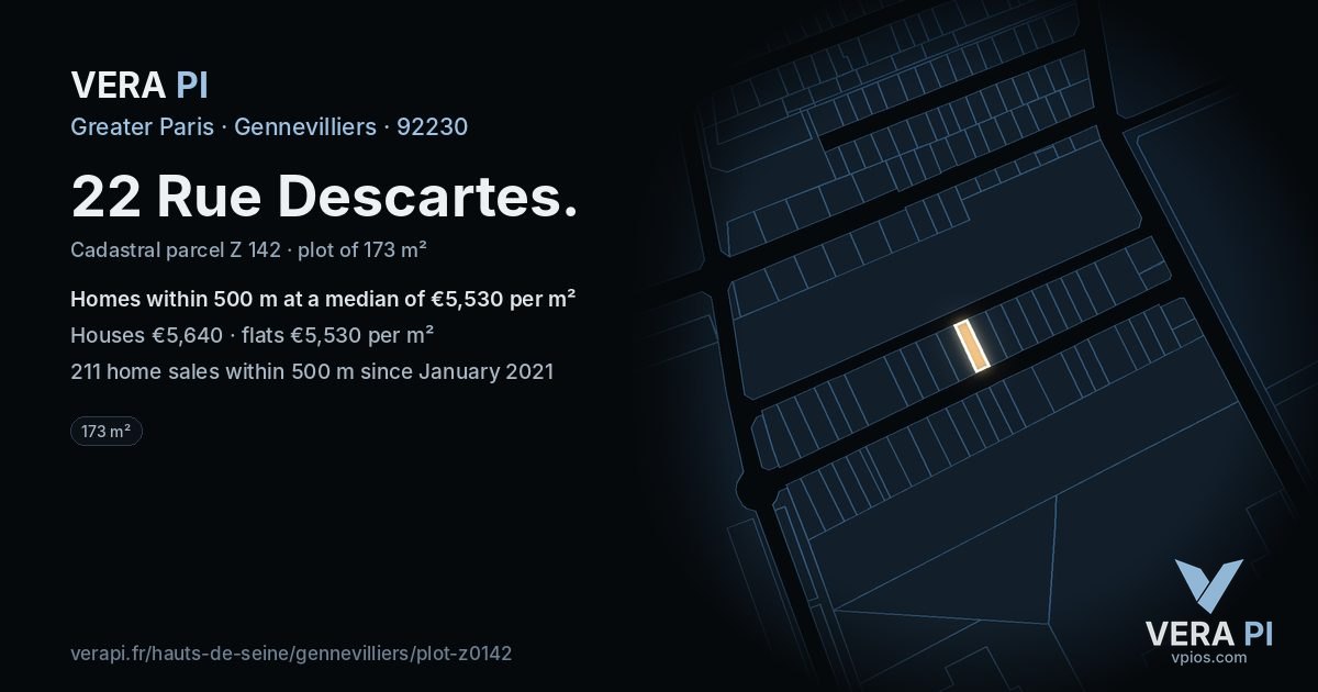 22 Rue Descartes, Gennevilliers at night – the plot lit, the parcels around coloured by the prices near them