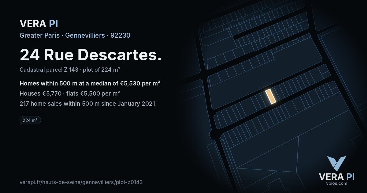 24 Rue Descartes, Gennevilliers at night – the plot lit, the parcels around coloured by the prices near them
