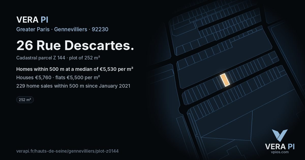 26 Rue Descartes, Gennevilliers at night – the plot lit, the parcels around coloured by the prices near them