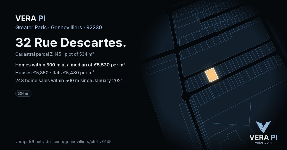 32 Rue Descartes, Gennevilliers at night – the plot lit, the parcels around coloured by the prices near them