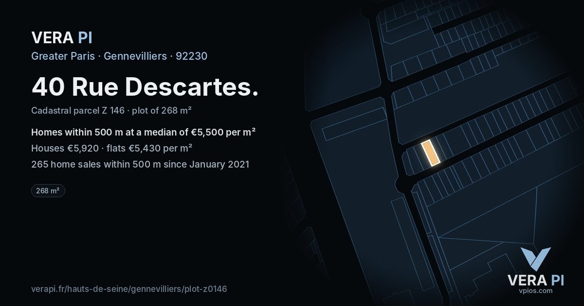 40 Rue Descartes, Gennevilliers at night – the plot lit, the parcels around coloured by the prices near them