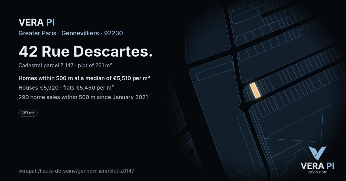 42 Rue Descartes, Gennevilliers at night – the plot lit, the parcels around coloured by the prices near them