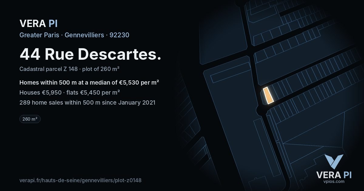 44 Rue Descartes, Gennevilliers at night – the plot lit, the parcels around coloured by the prices near them