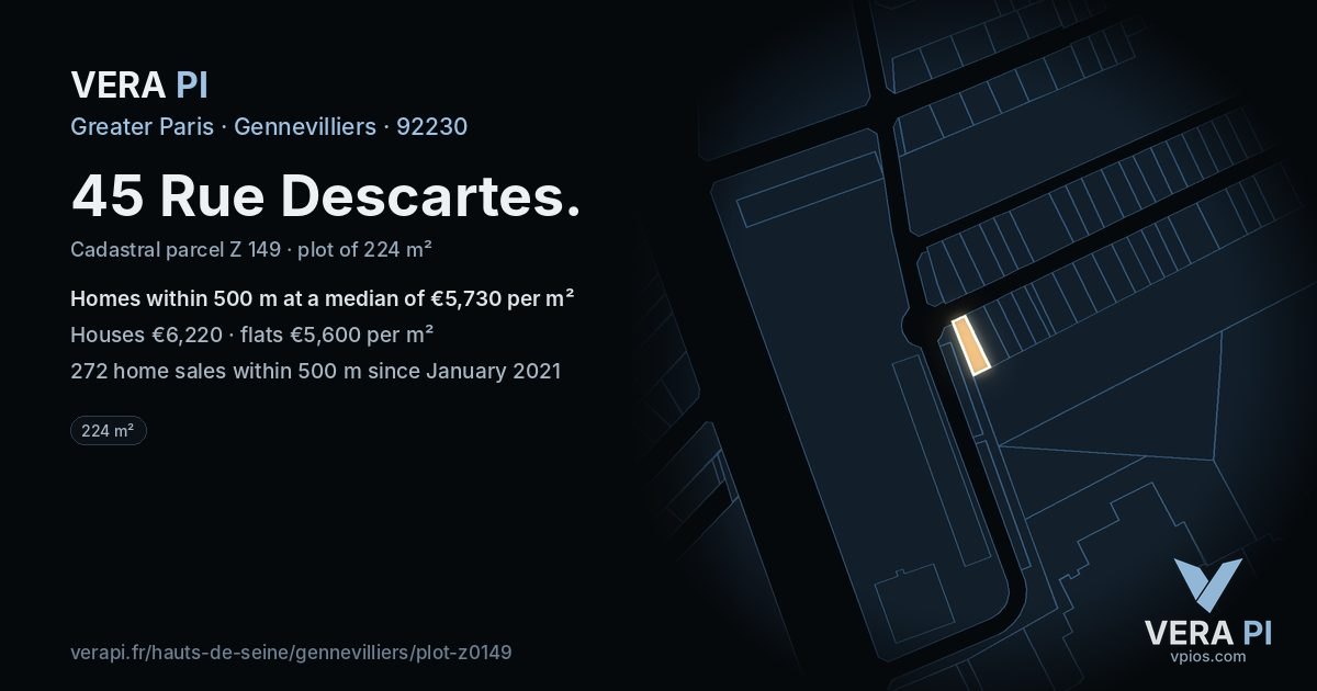45 Rue Descartes, Gennevilliers at night – the plot lit, the parcels around coloured by the prices near them