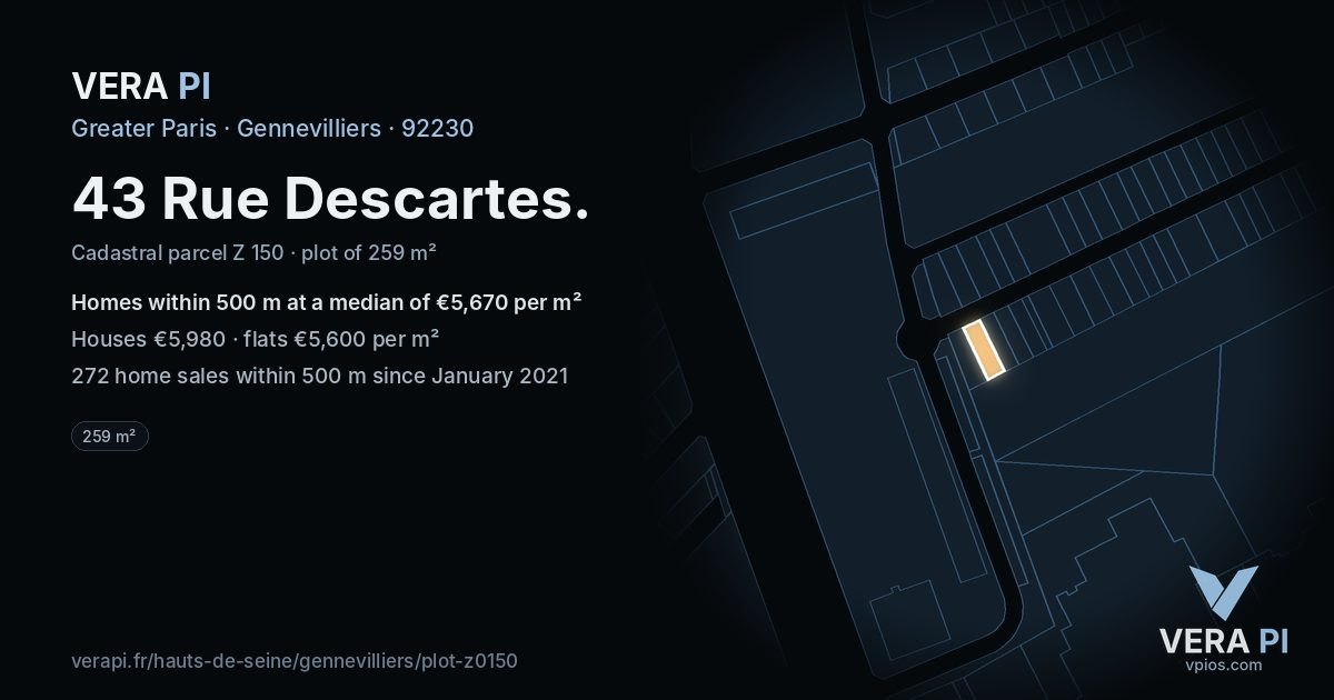 43 Rue Descartes, Gennevilliers at night – the plot lit, the parcels around coloured by the prices near them