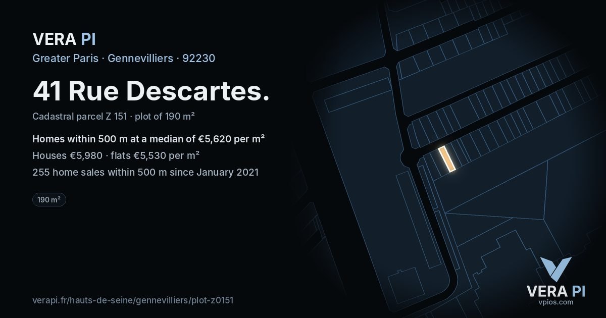 41 Rue Descartes, Gennevilliers at night – the plot lit, the parcels around coloured by the prices near them