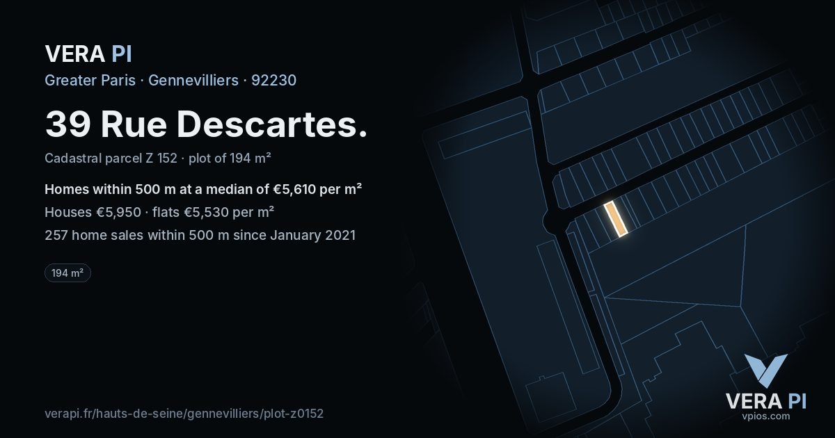 39 Rue Descartes, Gennevilliers at night – the plot lit, the parcels around coloured by the prices near them