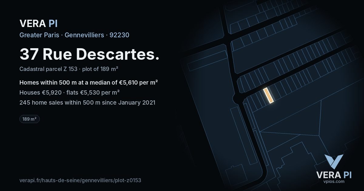 37 Rue Descartes, Gennevilliers at night – the plot lit, the parcels around coloured by the prices near them