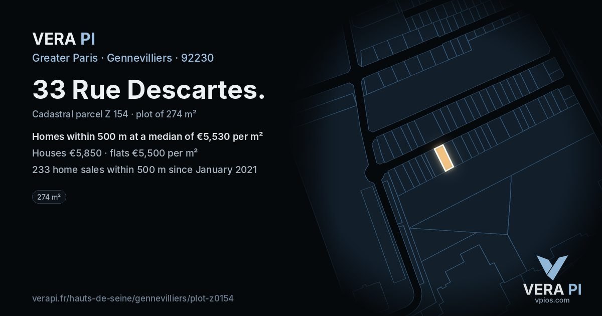 33 Rue Descartes, Gennevilliers at night – the plot lit, the parcels around coloured by the prices near them
