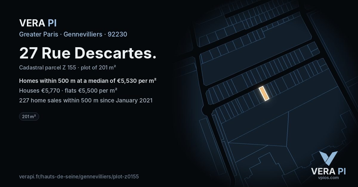 27 Rue Descartes, Gennevilliers at night – the plot lit, the parcels around coloured by the prices near them