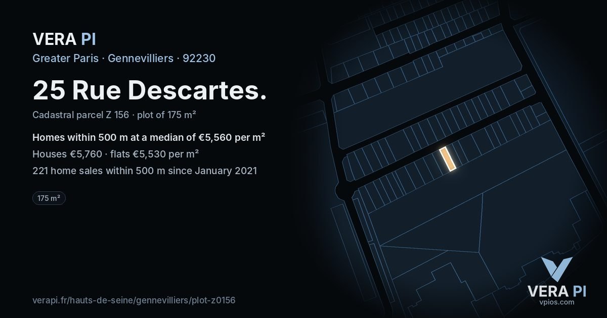 25 Rue Descartes, Gennevilliers at night – the plot lit, the parcels around coloured by the prices near them