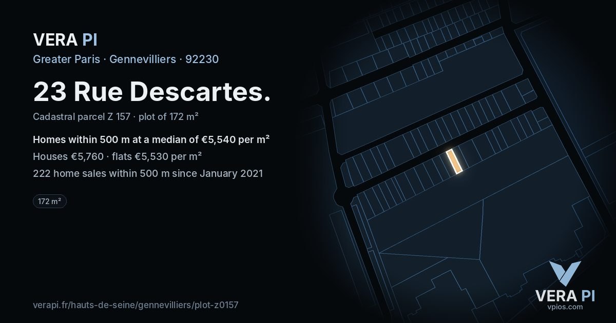 23 Rue Descartes, Gennevilliers at night – the plot lit, the parcels around coloured by the prices near them