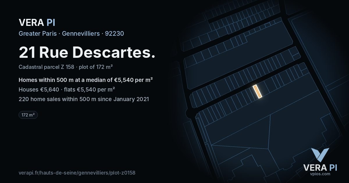 21 Rue Descartes, Gennevilliers at night – the plot lit, the parcels around coloured by the prices near them