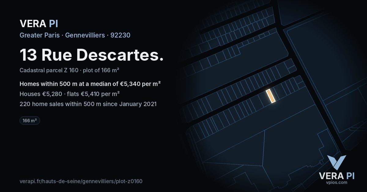 13 Rue Descartes, Gennevilliers at night – the plot lit, the parcels around coloured by the prices near them
