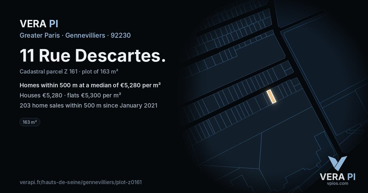 11 Rue Descartes, Gennevilliers at night – the plot lit, the parcels around coloured by the prices near them