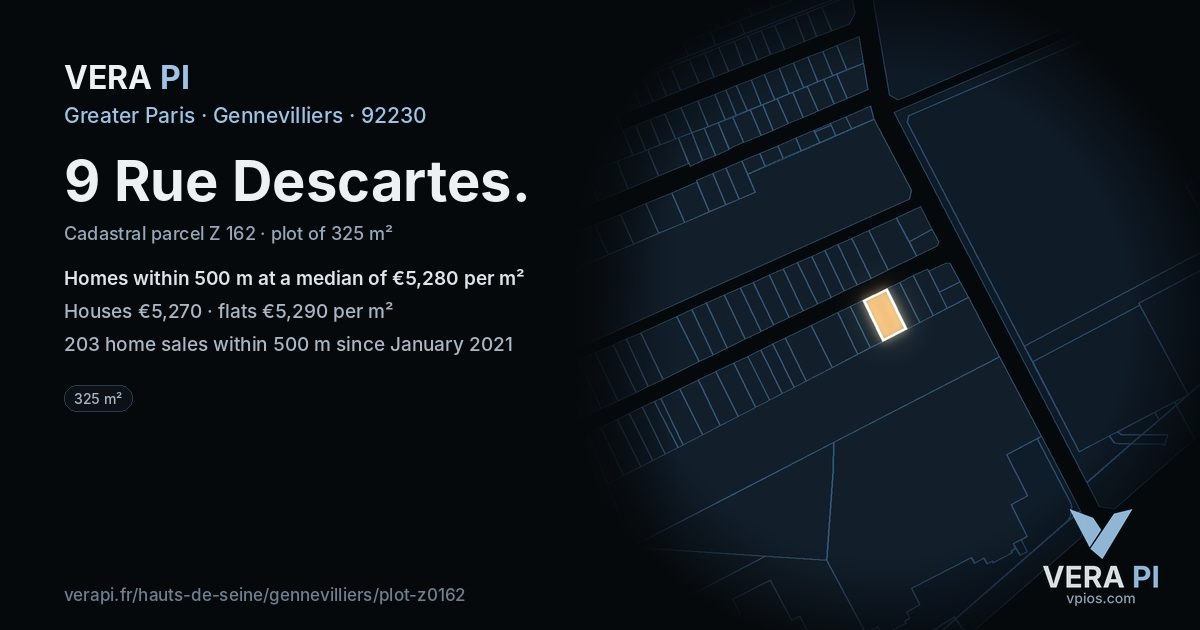 9 Rue Descartes, Gennevilliers at night – the plot lit, the parcels around coloured by the prices near them