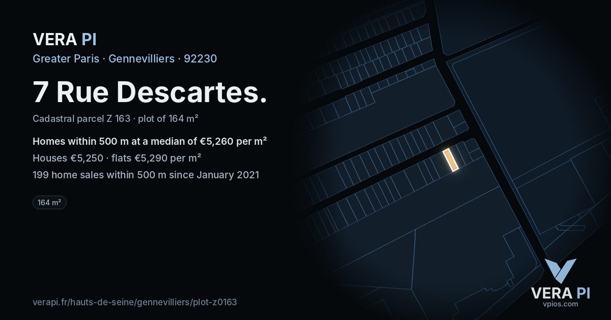 7 Rue Descartes, Gennevilliers at night – the plot lit, the parcels around coloured by the prices near them