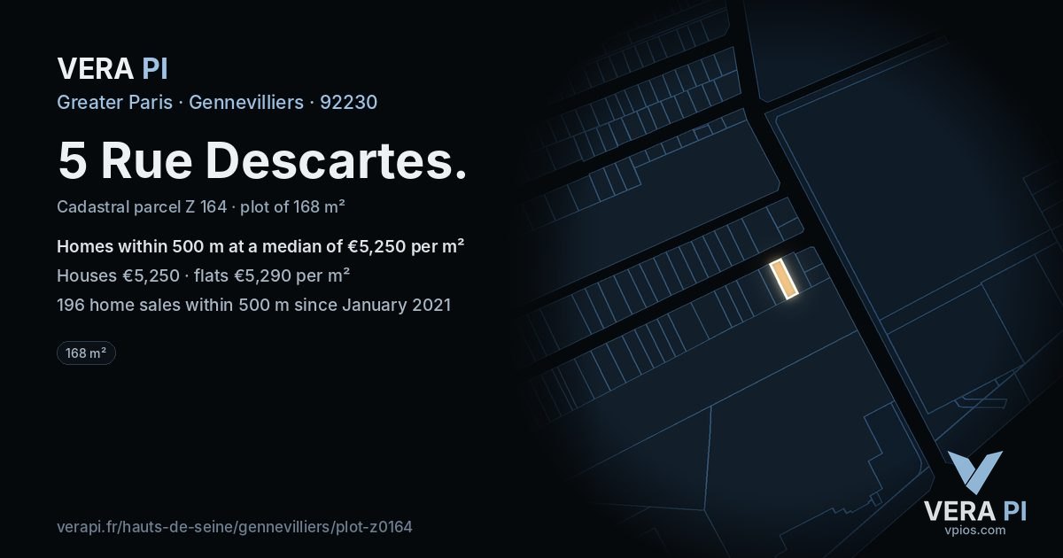 5 Rue Descartes, Gennevilliers at night – the plot lit, the parcels around coloured by the prices near them