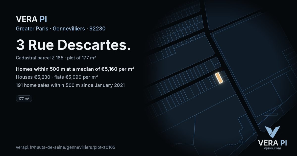 3 Rue Descartes, Gennevilliers at night – the plot lit, the parcels around coloured by the prices near them