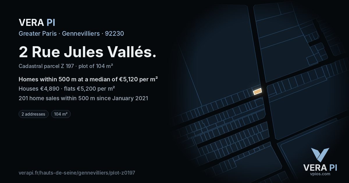 2 Rue Jules Vallés, Gennevilliers at night – the plot lit, the parcels around coloured by the prices near them