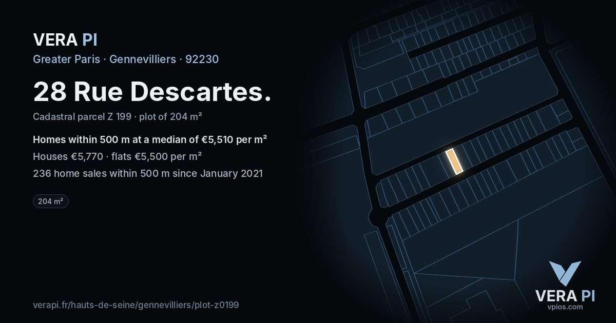 28 Rue Descartes, Gennevilliers at night – the plot lit, the parcels around coloured by the prices near them