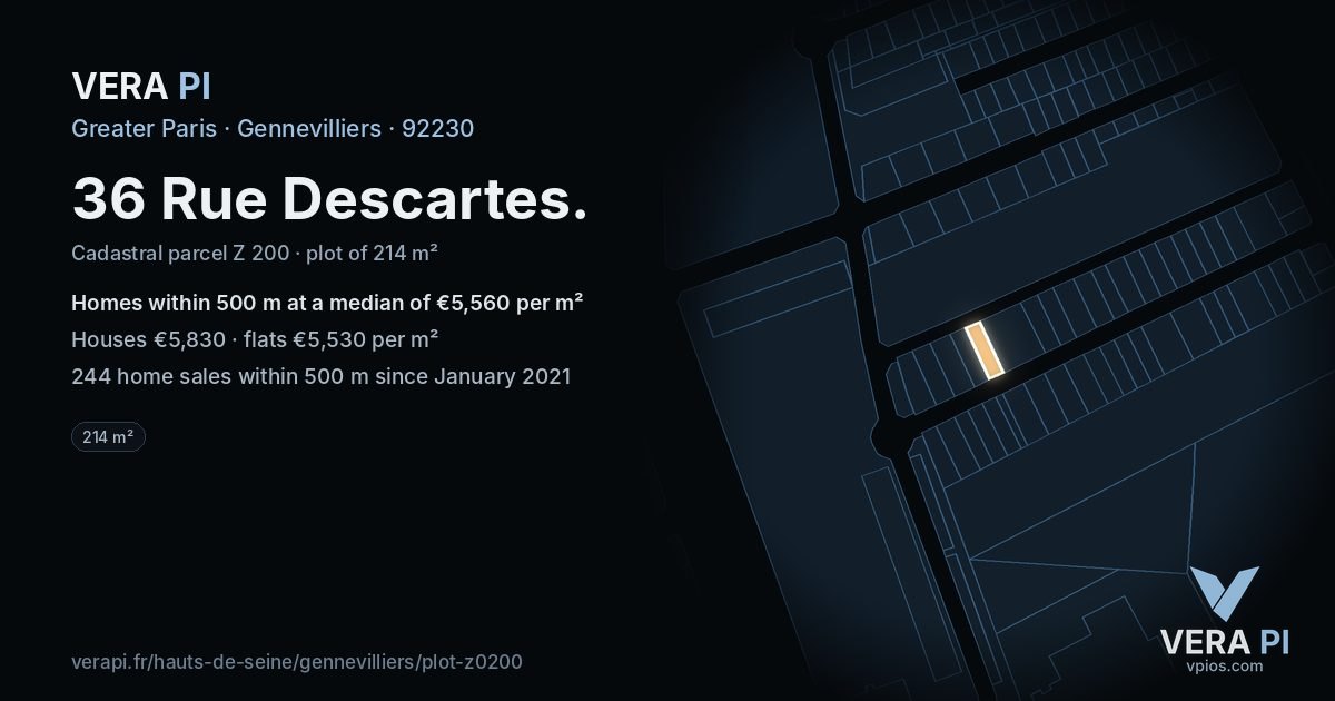 36 Rue Descartes, Gennevilliers at night – the plot lit, the parcels around coloured by the prices near them
