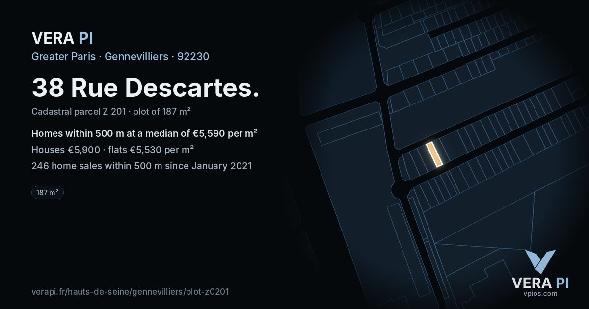 38 Rue Descartes, Gennevilliers at night – the plot lit, the parcels around coloured by the prices near them