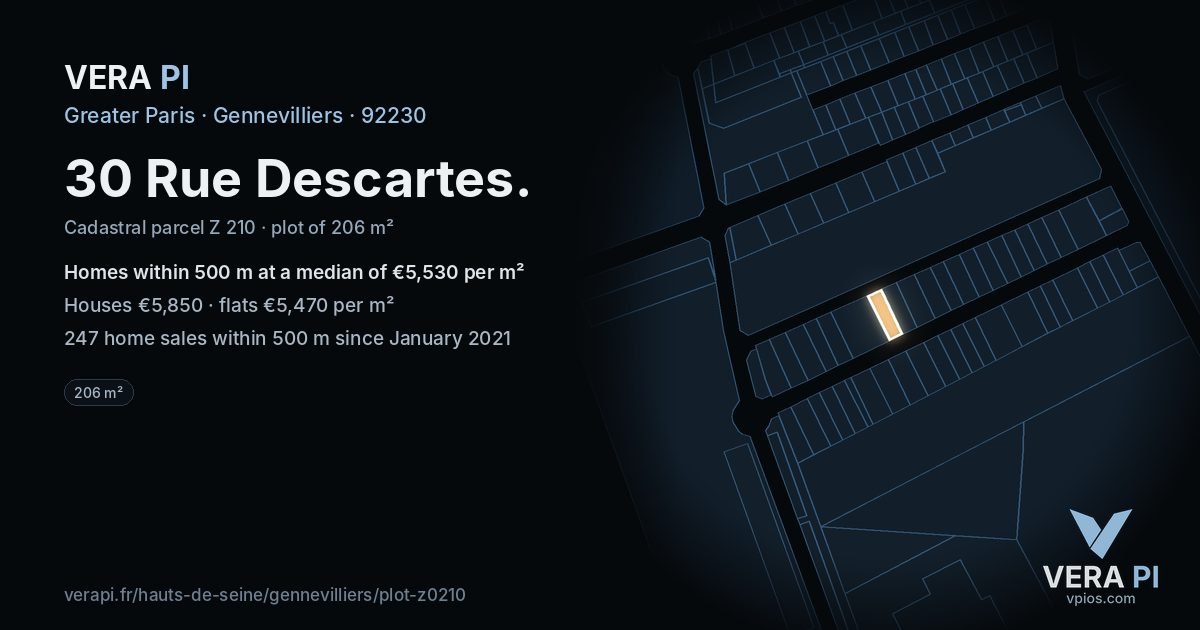 30 Rue Descartes, Gennevilliers at night – the plot lit, the parcels around coloured by the prices near them
