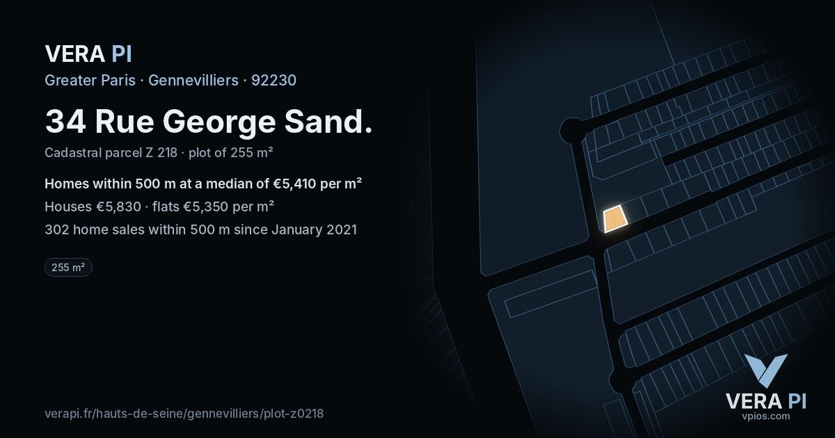 34 Rue George Sand, Gennevilliers at night – the plot lit, the parcels around coloured by the prices near them