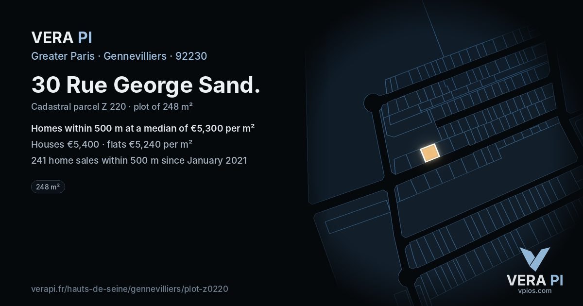 30 Rue George Sand, Gennevilliers at night – the plot lit, the parcels around coloured by the prices near them