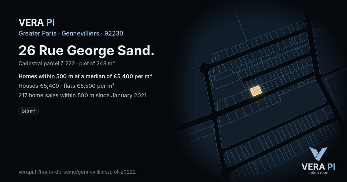26 Rue George Sand, Gennevilliers at night – the plot lit, the parcels around coloured by the prices near them