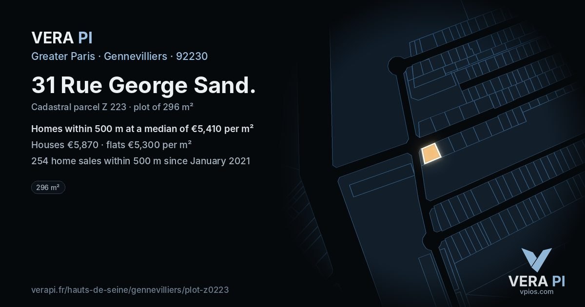 31 Rue George Sand, Gennevilliers at night – the plot lit, the parcels around coloured by the prices near them