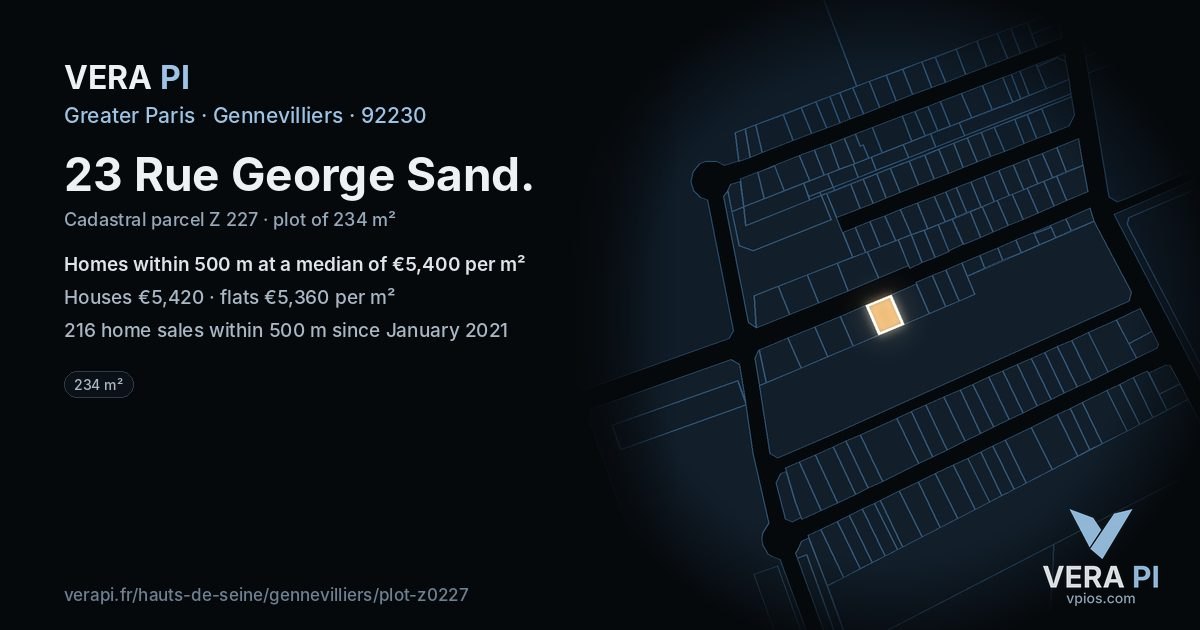 23 Rue George Sand, Gennevilliers at night – the plot lit, the parcels around coloured by the prices near them